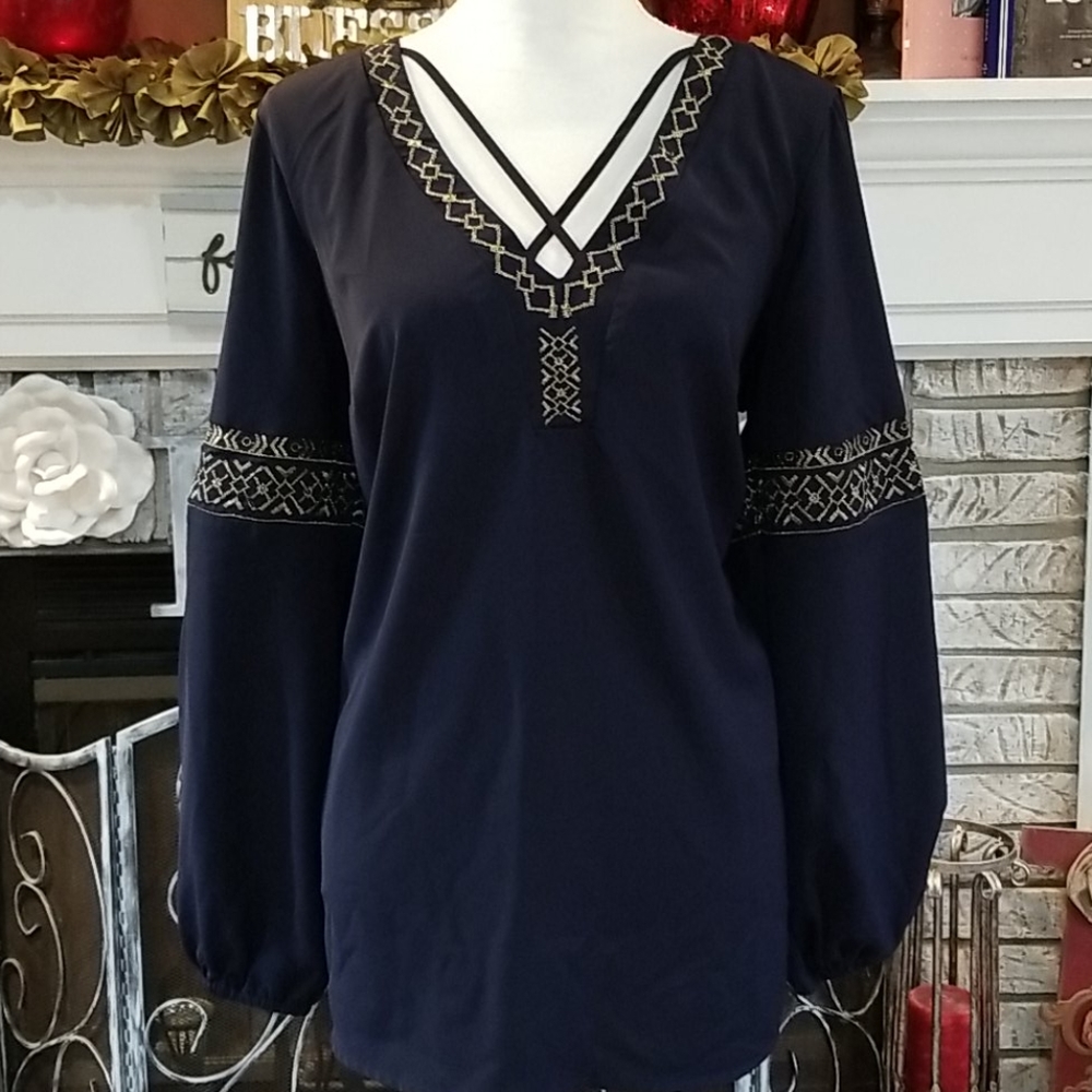 Poppy navy blue flowey blouse, size 1X